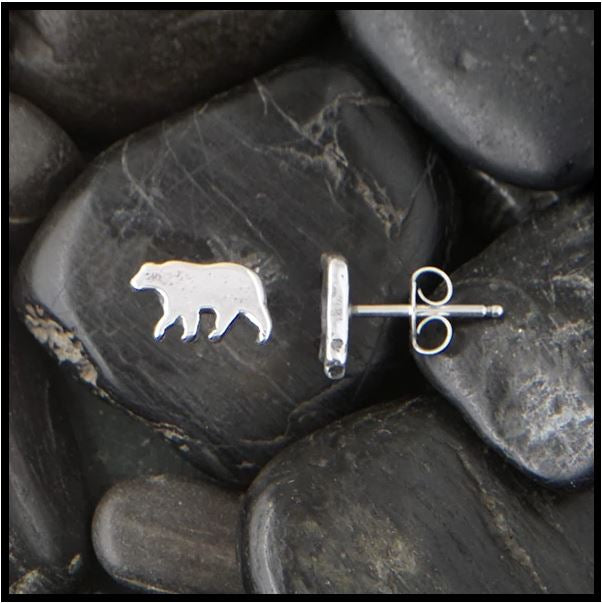 Bear Stud Post Earrings in sterling silver. 
