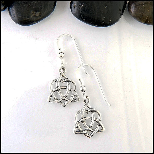 Trinity heart knot drop earrings in silver