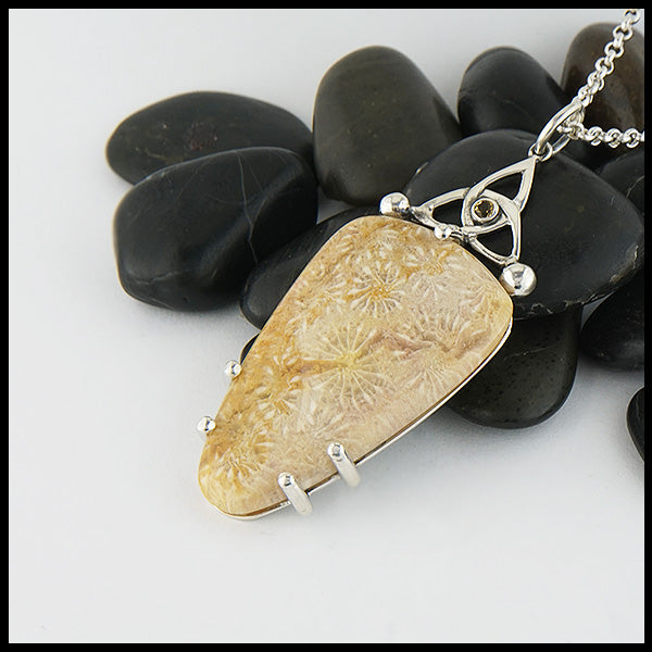 Custom Sterling Silver Trinity Coral Pendant set with a Fossilized Coral. The center of the trinity is set with a 2mm Citrine.