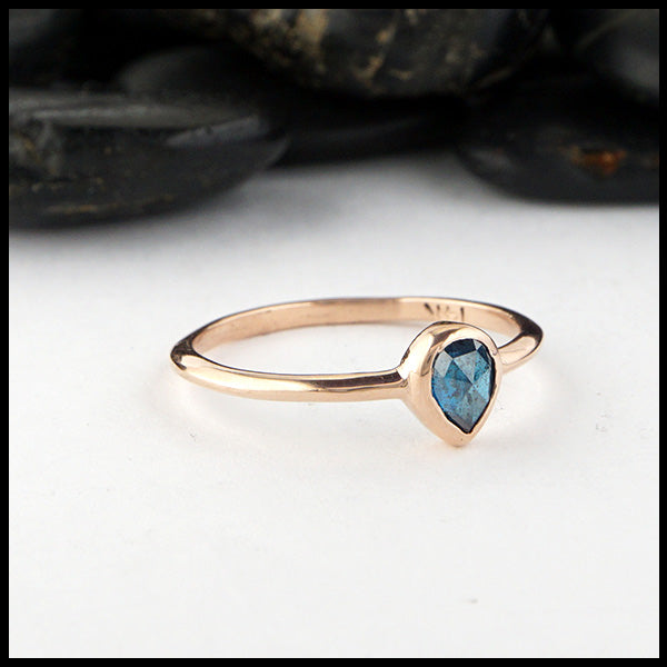 Simple 14K Rose Gold ring bezel set with 0.39ct Rose Cut Blue Diamond.