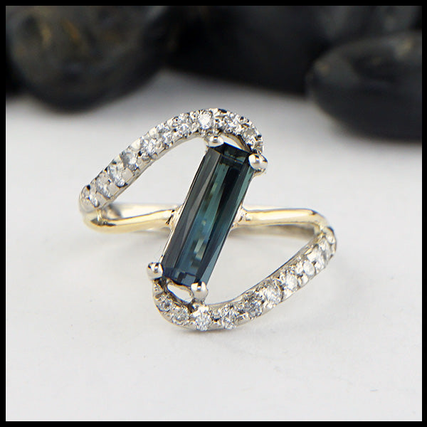 Blue Green Tourmaline Bypass Ring in 14K White Gold and 18K Yellow Gold