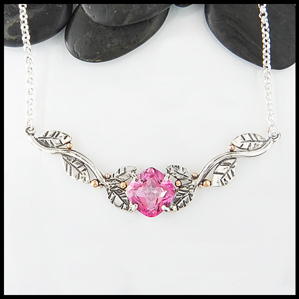 Pink Topaz Leaf Pendant in silver and gold