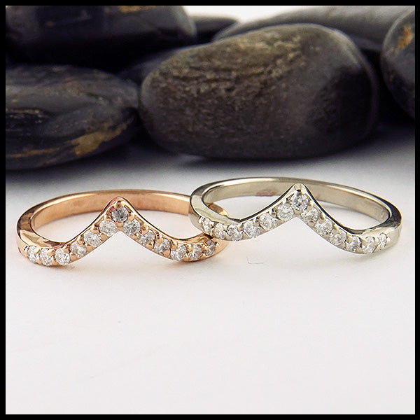 Chevron stacking bands in 14K White and Rose gold with diamonds