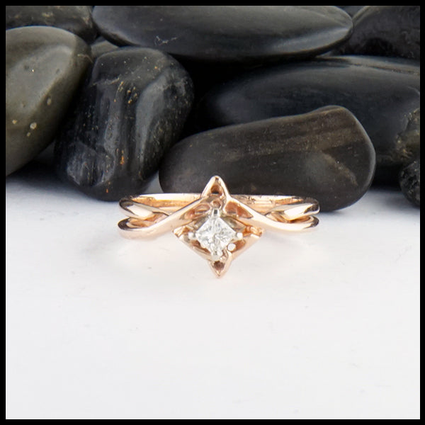 Princess cut reclaimed diamond interlocking ring set in 14K rose gold