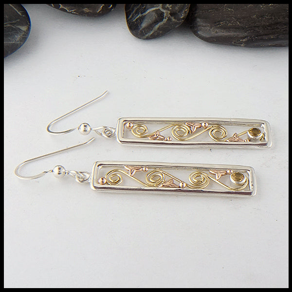 Long Drop Earrings in Sterling Silver and Gold with Citrine
