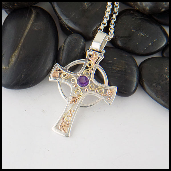 Large Celtic Cross with Ivy in Sterling Silver, 14K Rose Gold, and 18K Yellow gold with Amethyst