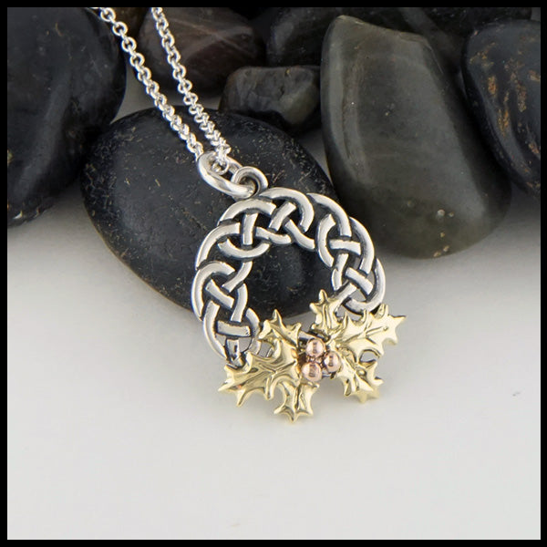 Josephine's Knot Celtic Wreath with Holly in Sterling Silver, 14K Rose Gold, and 18K Yellow Gold