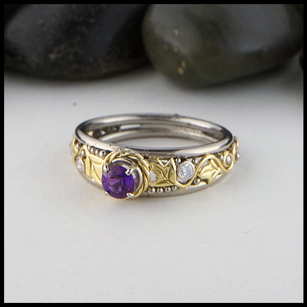 Purple Sapphire Ivy ring with diamonds in gold