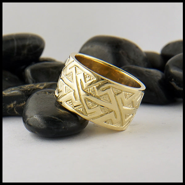 Wide Pictish Key Pattern Ring in Gold