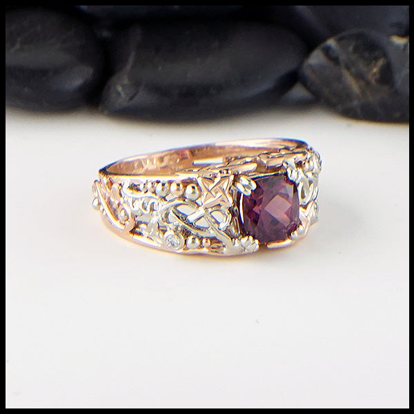 Purple Garnet  and Diamond Custom ring in 14K White and Rose gold