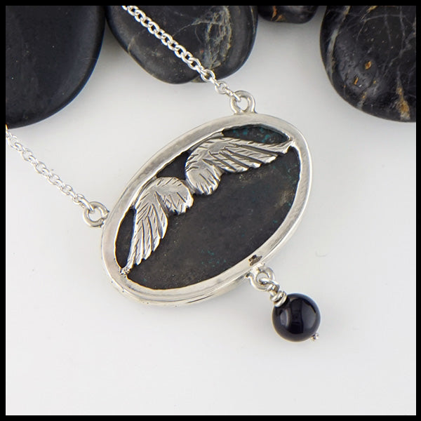 Azurite and Onyx wing pendant in sterling silver