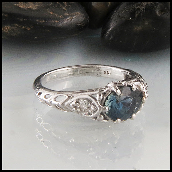 Blue Green Oval Sapphire Ring in 14K White Gold