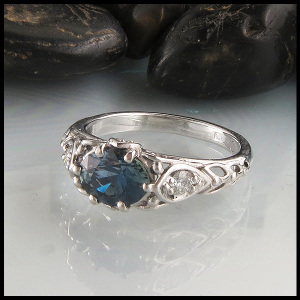 Blue Green Oval Sapphire Ring in 14K White Gold