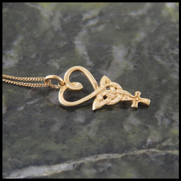 Heart, Triquetra, and Celtic Cross Pendant in 14K Rose, White or Yellow Gold handcrafted by Walker Metalsmiths 