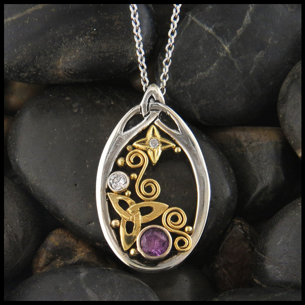 Custom Gold Celtic pendant with Purple Sapphire and Diamonds
