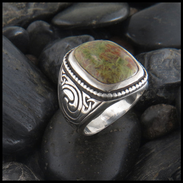 Large Men's Celtic Ring with Bloodstone in Sterling Silver