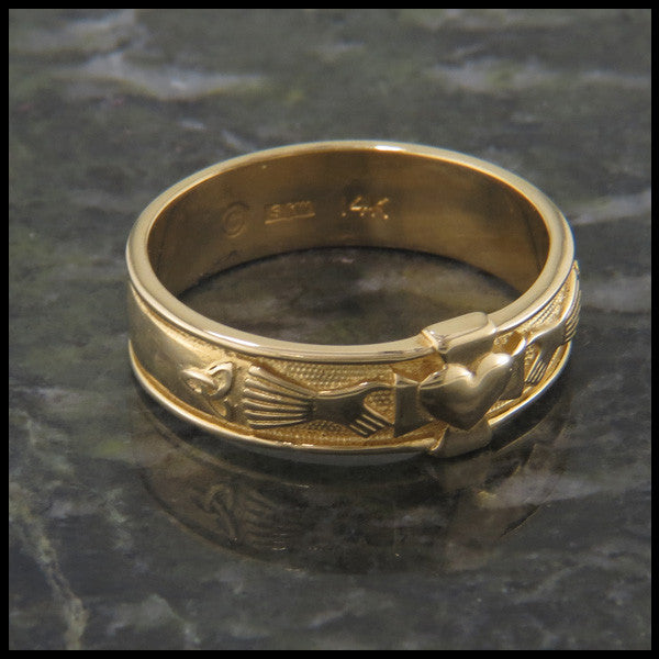 Walker Metalsmiths Celtic Claddagh Band with Cross and Trinity Knot in 14K Gold