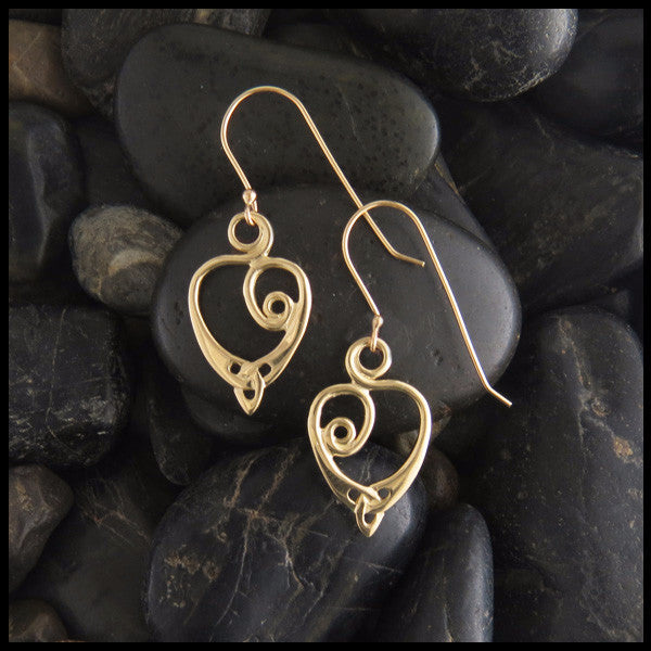 Triquetra Spiral Heart Celtic Earrings in 14K Gold