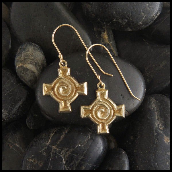 Unique Spiral Cross drop earrings in 14K Gold