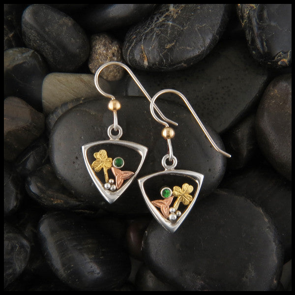 Sterling Silver and Gold Drop earrings with shamrocks, triquetras, and tsavorite garnet