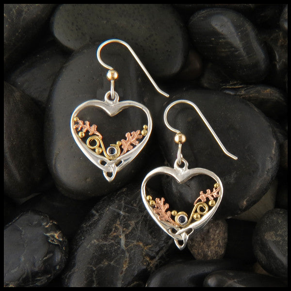 Autumn's Heart and Oak Leaf Earrings in Sterling Silver and Gold with Sapphire
