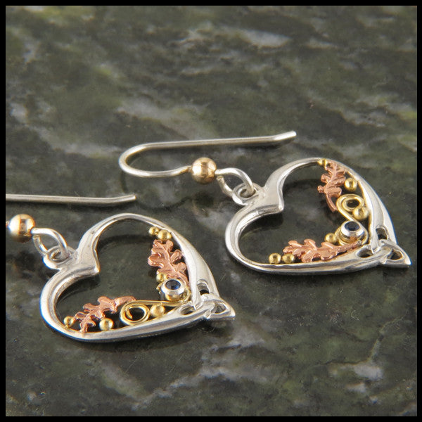 Autumn's Heart and Oak Leaf Earrings in Sterling Silver and Gold with Sapphire