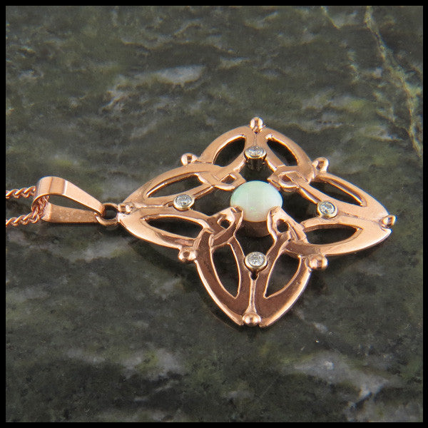 Celtic Triquetra pendant and earring set in 14K Gold with Diamonds and Opals