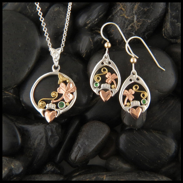 Sterling Silver and Gold Irish Claddagh Pendant Necklace and Drop Earrings