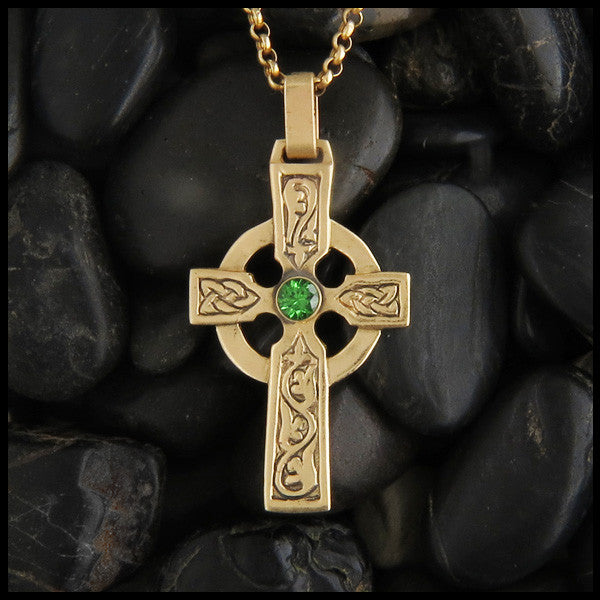Large Ivy Celtic Cross in 14K Gold with Gemstones
