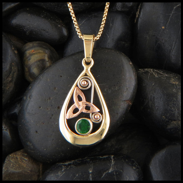 Teardrop pendant and earring set in 14K Gold with Triquetras and Tsavorite