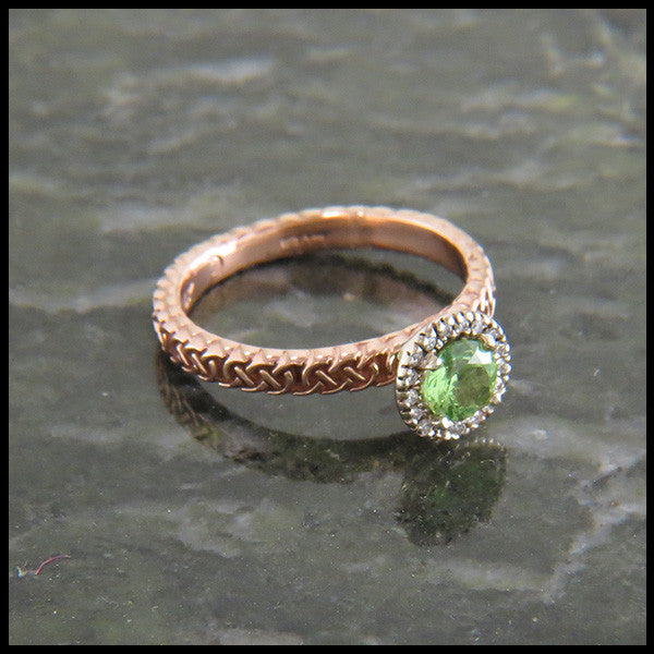 Celtic Love Knot Ring with Mint Garnet and Diamond Halo