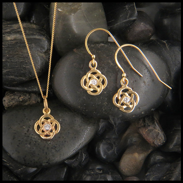 Josephine's knot pendant and earring set in 14K with diamonds