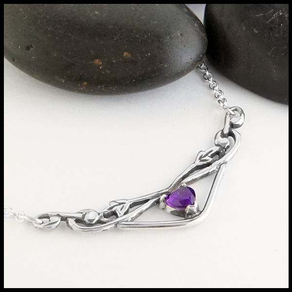 Profile view Heart Shaped Amethyst and Ivy Bar Necklace