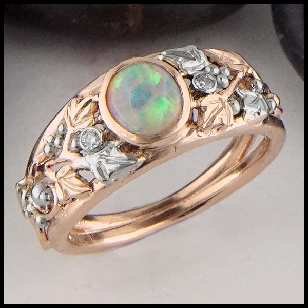 Front view of Opal with Celtic Ivy Gold ring