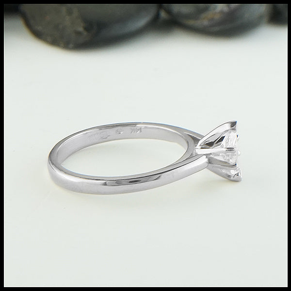 Profile view of Cathedral Marquise Diamond Ring in 14K White gold. 