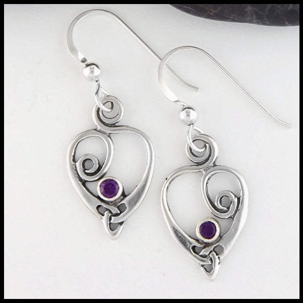 Celtic Heart Spiral Drop earrings in Sterling Silver with Garnet