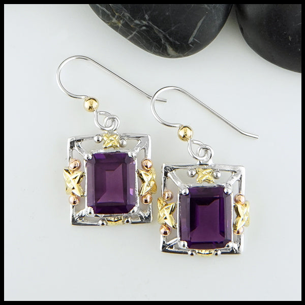 Amethyst Frame Earrings in Silver and Gold
