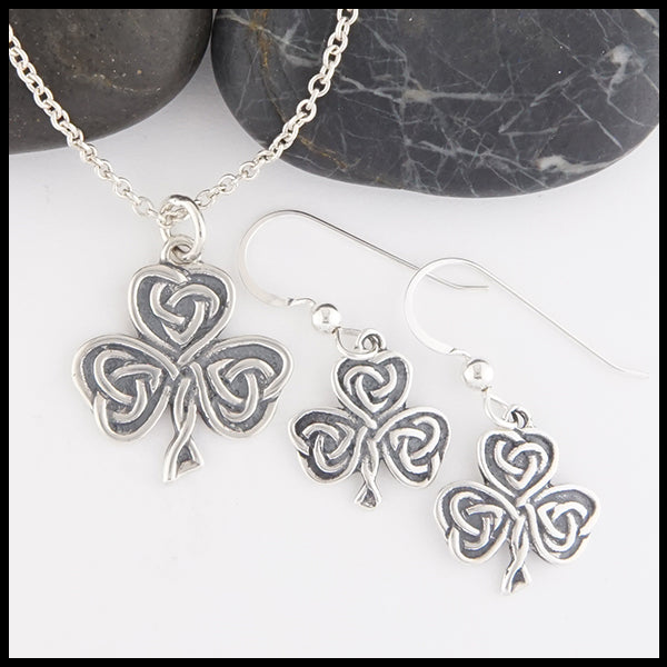Celtic Shamrock Heart Knot Pendant and Earrings Set