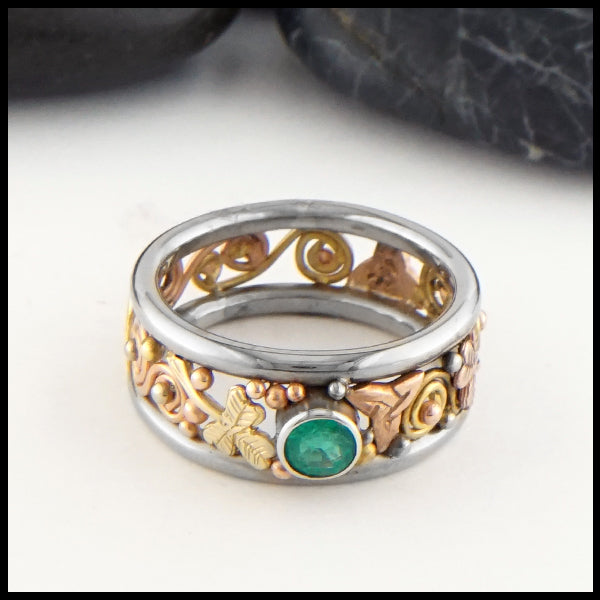 Shamrock and Triquetra Emerald band in gold