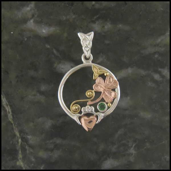 Sterling Silver and Gold Claddagh Pendant with Tsavorite